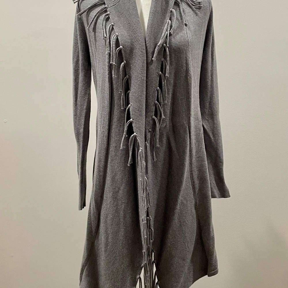 Gray Fringe Open Cardigan Sweater Coat - Picture 2 of 5